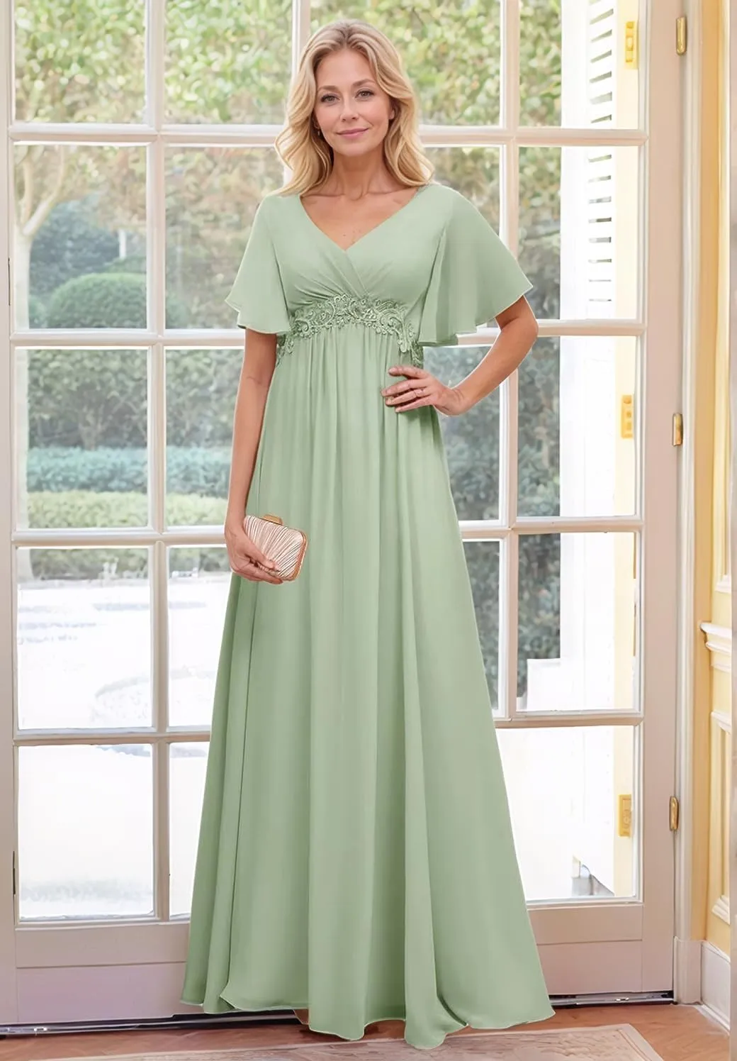 Mother of The Bride Dresses with Short Sleeves Chiffon Formal Evening Dress Long Lace Appliques Wedding Guest Dresses