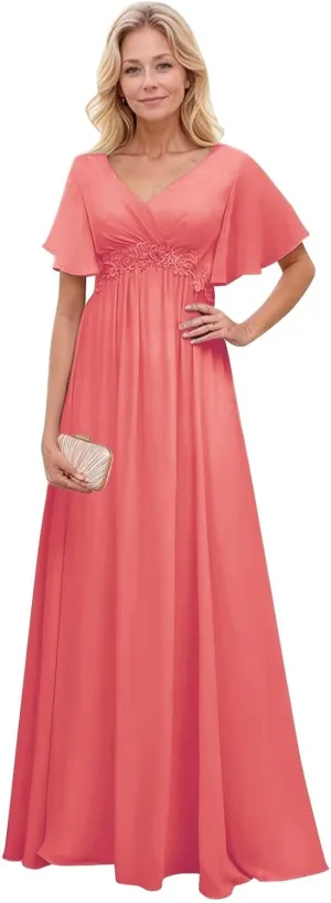 Mother of The Bride Dresses with Short Sleeves Chiffon Formal Evening Dress Long Lace Appliques Wedding Guest Dresses