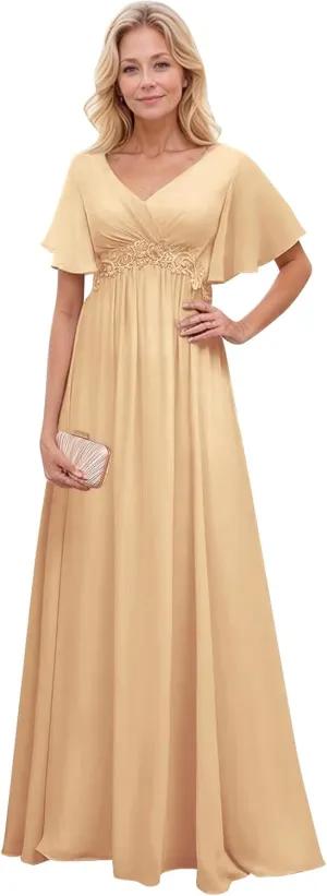 Mother of The Bride Dresses with Short Sleeves Chiffon Formal Evening Dress Long Lace Appliques Wedding Guest Dresses