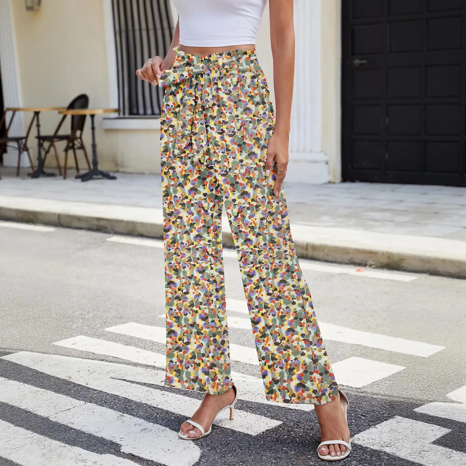 NILOUFO Women Summer Casual Wide Leg Pants High Waisted Elastic Tie Knot Boho Beach Trousers with Pockets