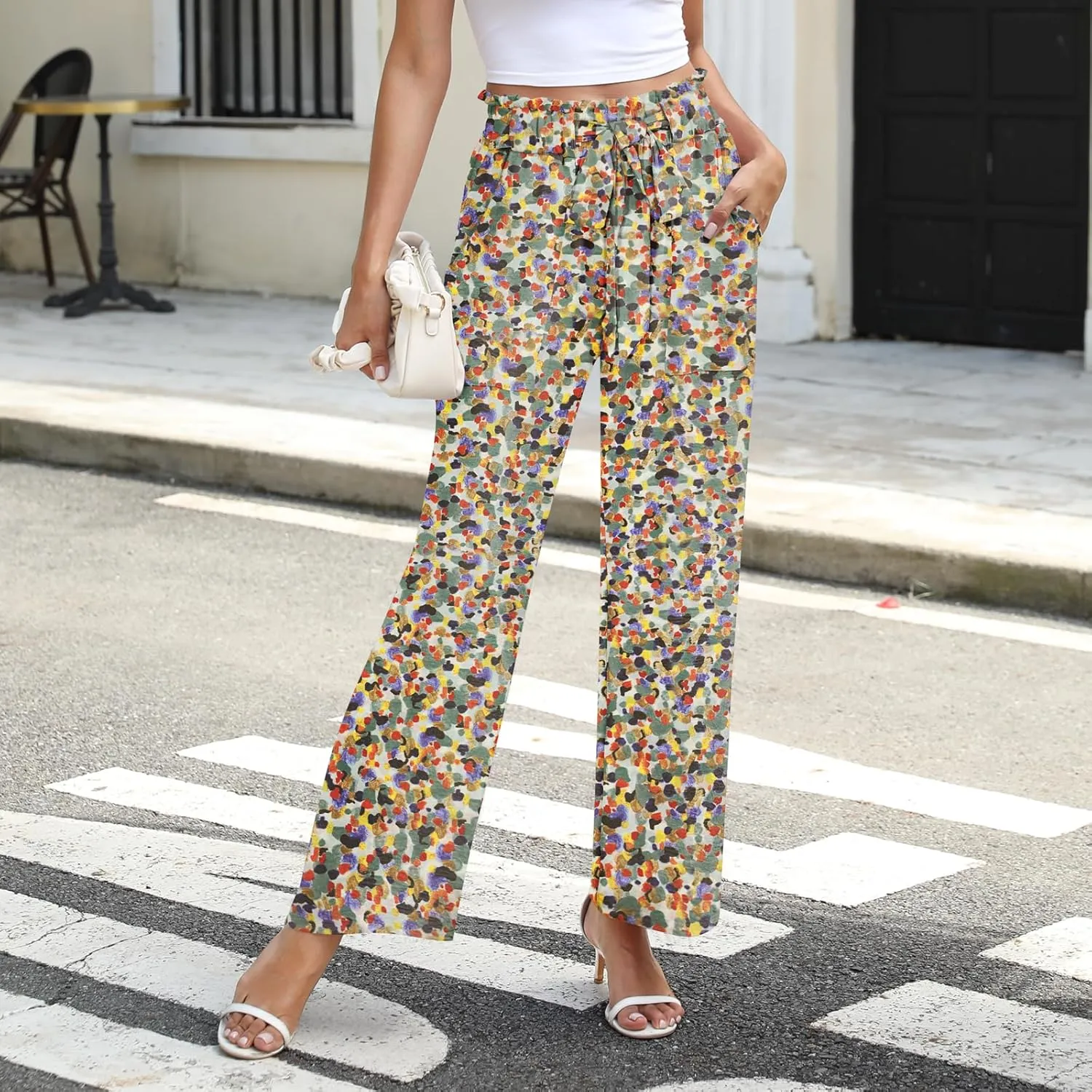 NILOUFO Women Summer Casual Wide Leg Pants High Waisted Elastic Tie Knot Boho Beach Trousers with Pockets