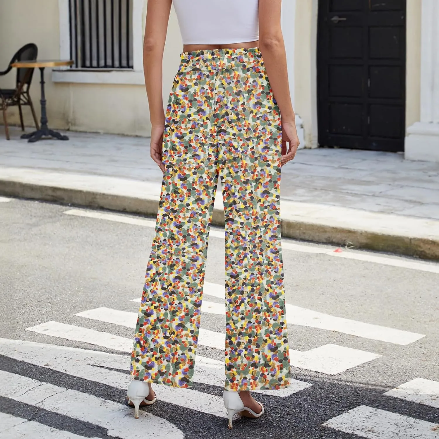 NILOUFO Women Summer Casual Wide Leg Pants High Waisted Elastic Tie Knot Boho Beach Trousers with Pockets