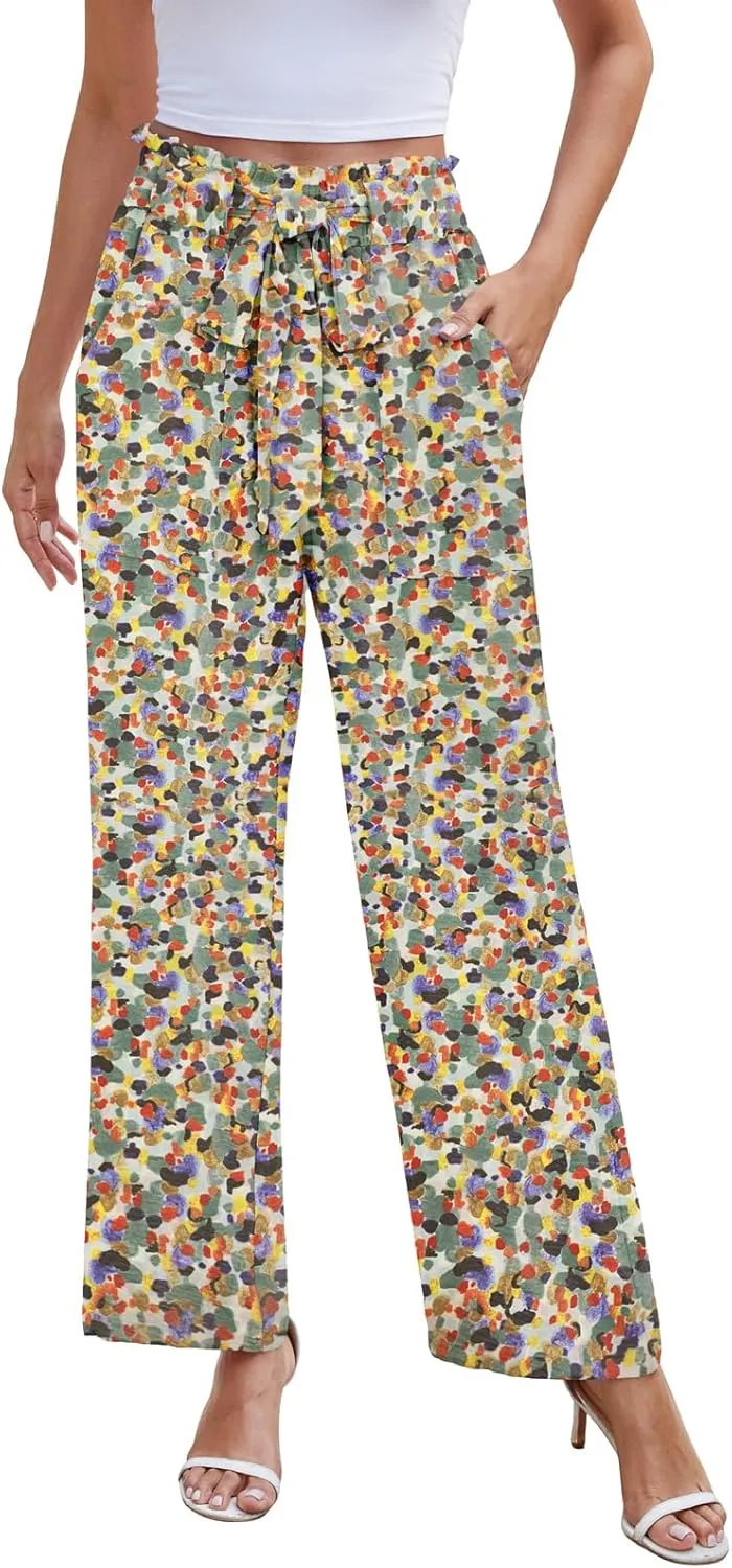NILOUFO Women Summer Casual Wide Leg Pants High Waisted Elastic Tie Knot Boho Beach Trousers with Pockets