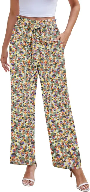 NILOUFO Women Summer Casual Wide Leg Pants High Waisted Elastic Tie Knot Boho Beach Trousers with Pockets