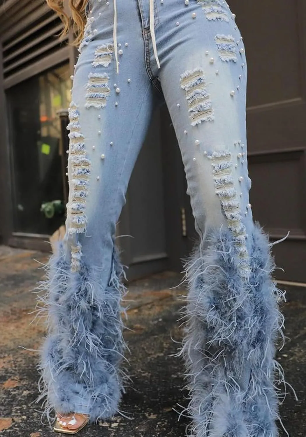 NRTHYE Women Pearl Bell Bottom Jeans Fluffy Feather Ripped Stretch Straight Leg Distressed Flared Denim Pants