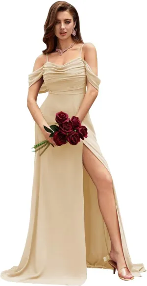 Off The Shoulder Bridesmaid Dresses for Women Pleated Chiffon A Line Formal Evening Gown WY007