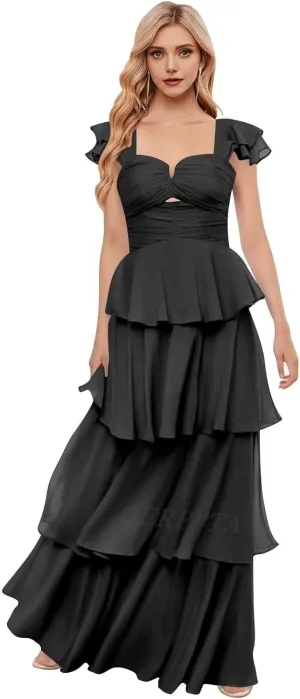 Off The Shoulder Bridesmaid Dresses Long Prom Dress 2025 Ruffle Tiered Chiffon Formal Evening Gowns with Sleeves