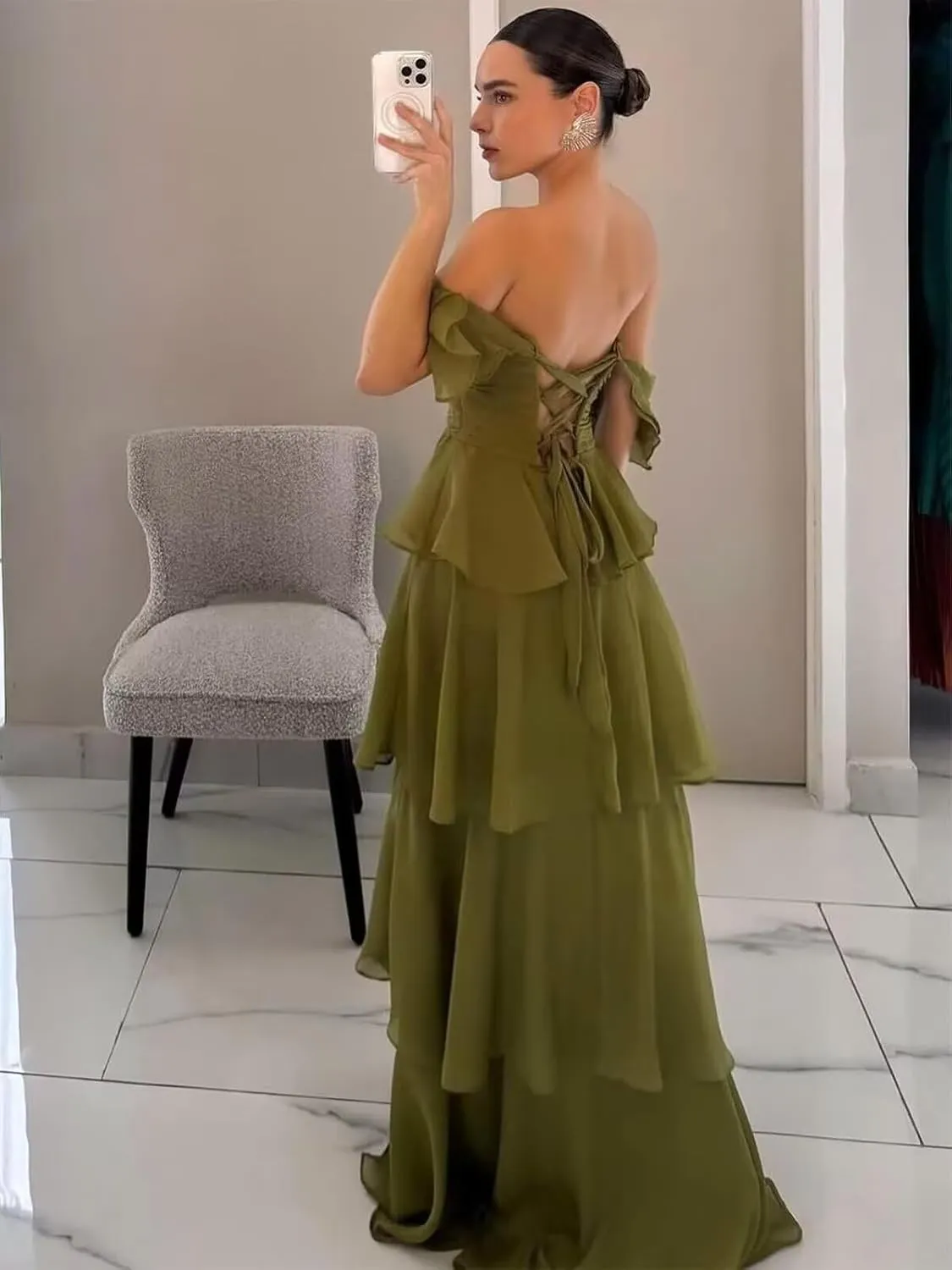 Off The Shoulder Bridesmaid Dresses Long Prom Dress 2025 Ruffle Tiered Chiffon Formal Evening Gowns with Sleeves