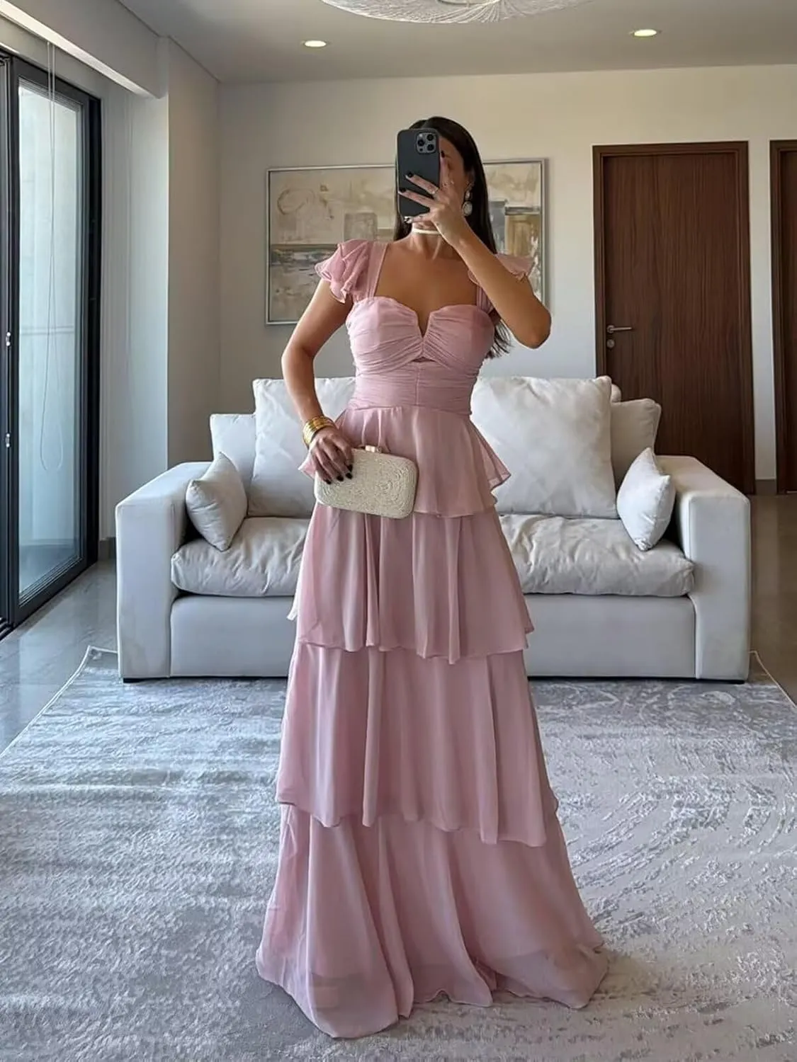 Off The Shoulder Bridesmaid Dresses Long Prom Dress 2025 Ruffle Tiered Chiffon Formal Evening Gowns with Sleeves