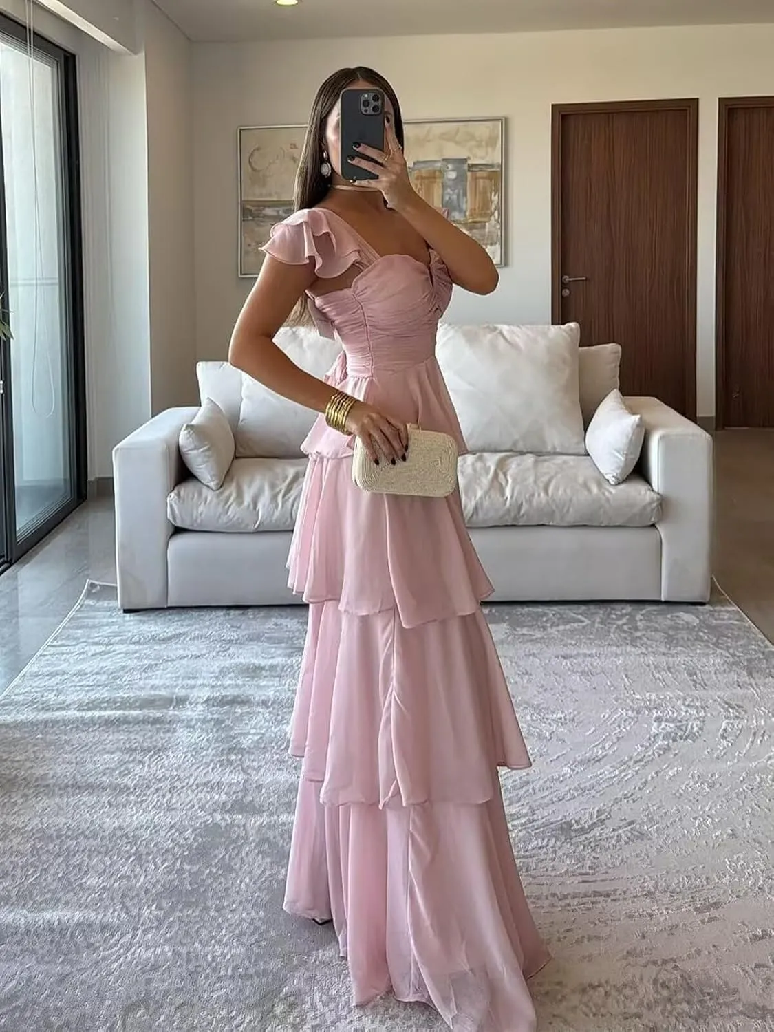 Off The Shoulder Bridesmaid Dresses Long Prom Dress 2025 Ruffle Tiered Chiffon Formal Evening Gowns with Sleeves