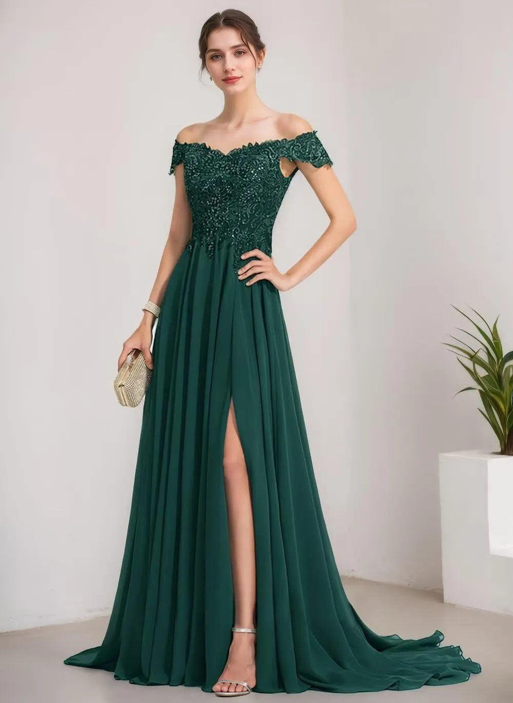 Off The Shoulder Lace Chiffon Prom Dresses Long Bridesmaid Dresses A-Line Formal Gown Evening Dresses for Women