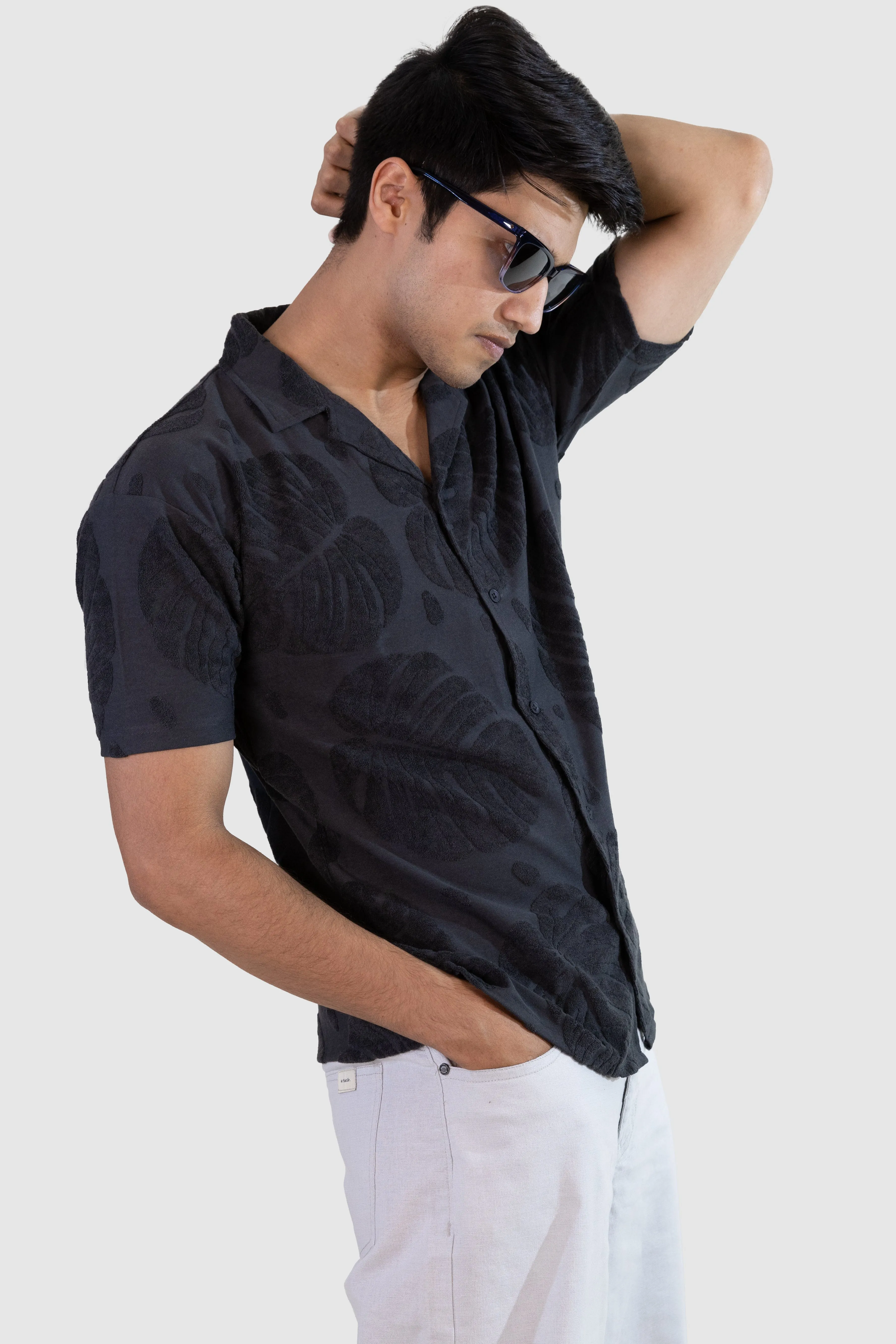 Palm Haven Cuban Collar Shirt - Black