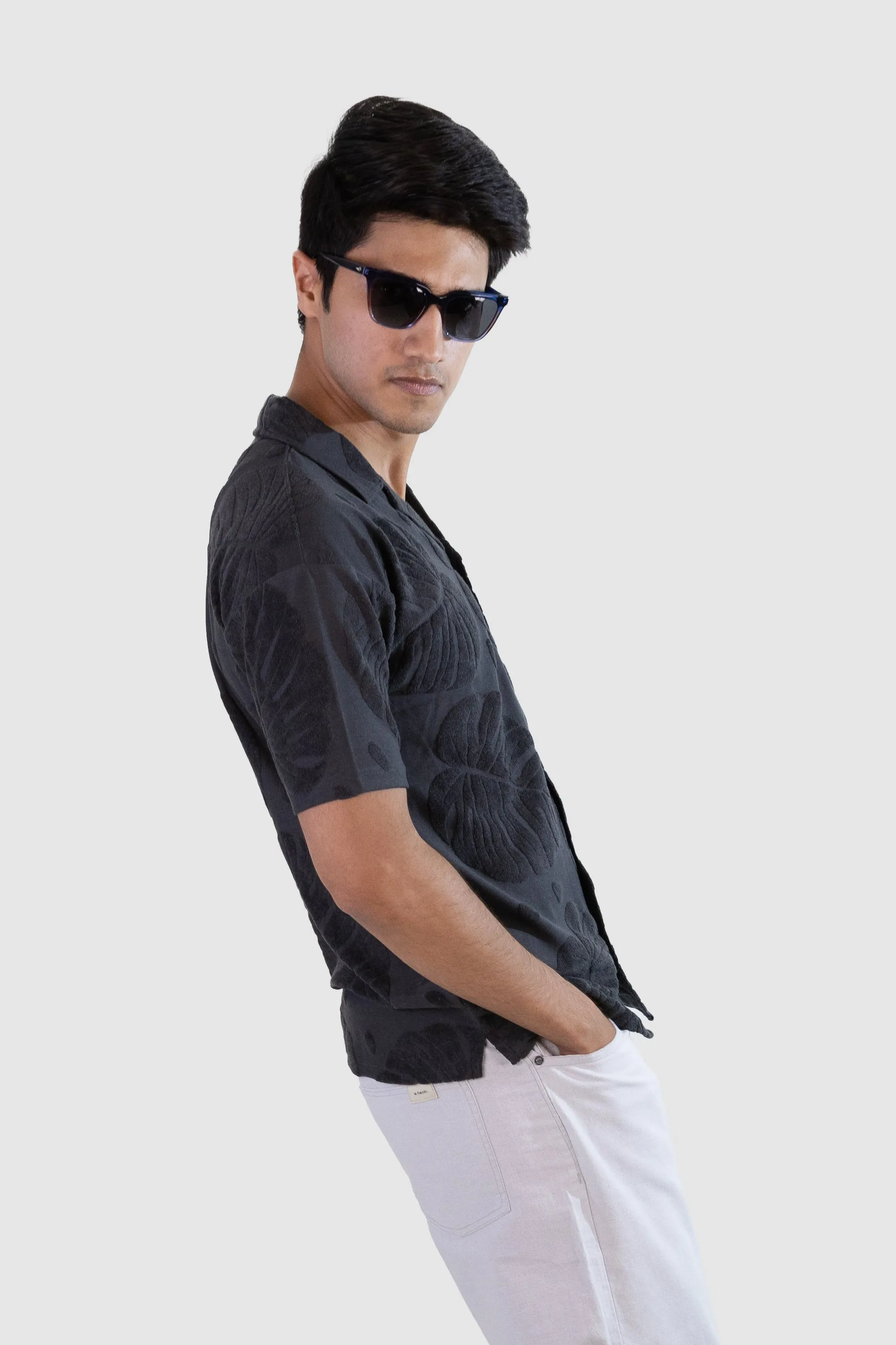 Palm Haven Cuban Collar Shirt - Black