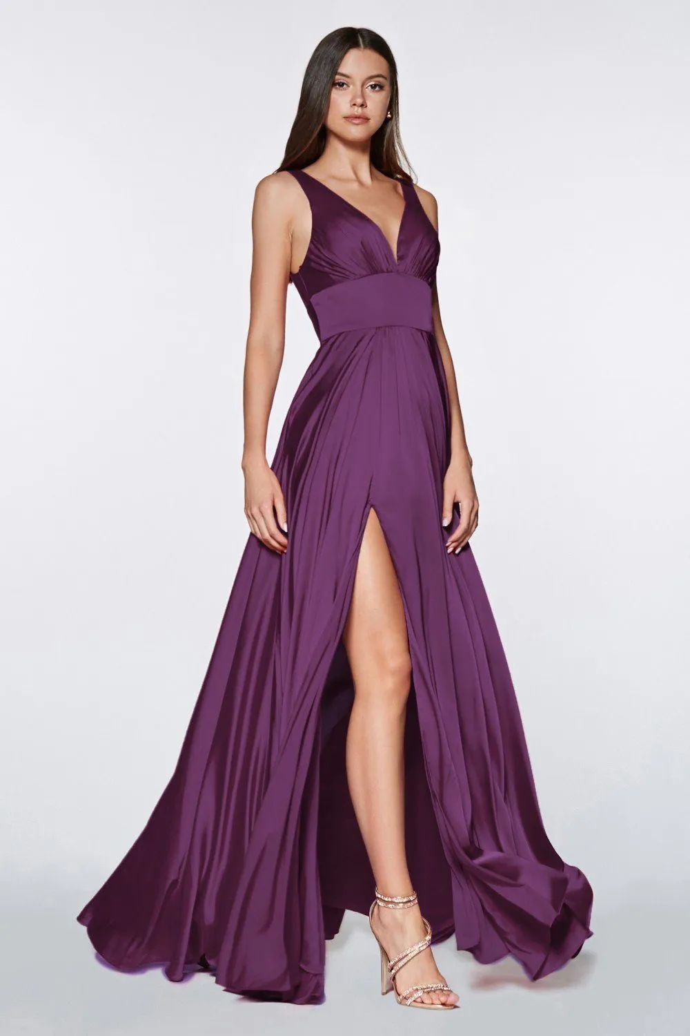Plus Size Long Satin V-Neck Dress by Cinderella Divine 7469