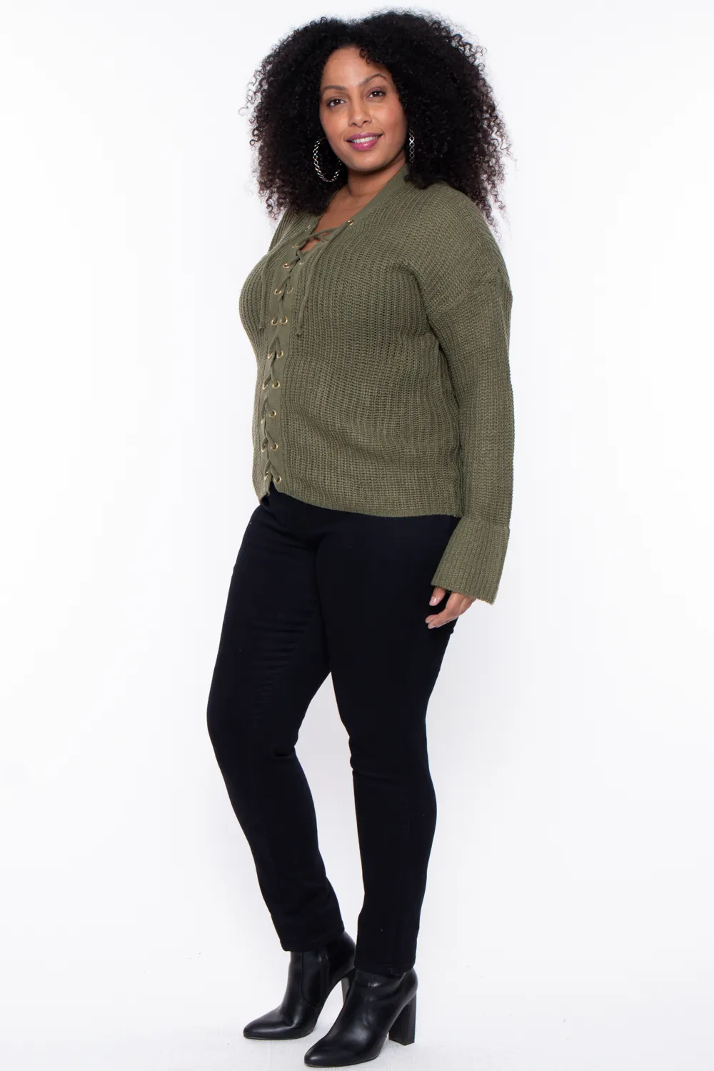Plus Size Mia Ribbed Lace-Up Sweater- Olive