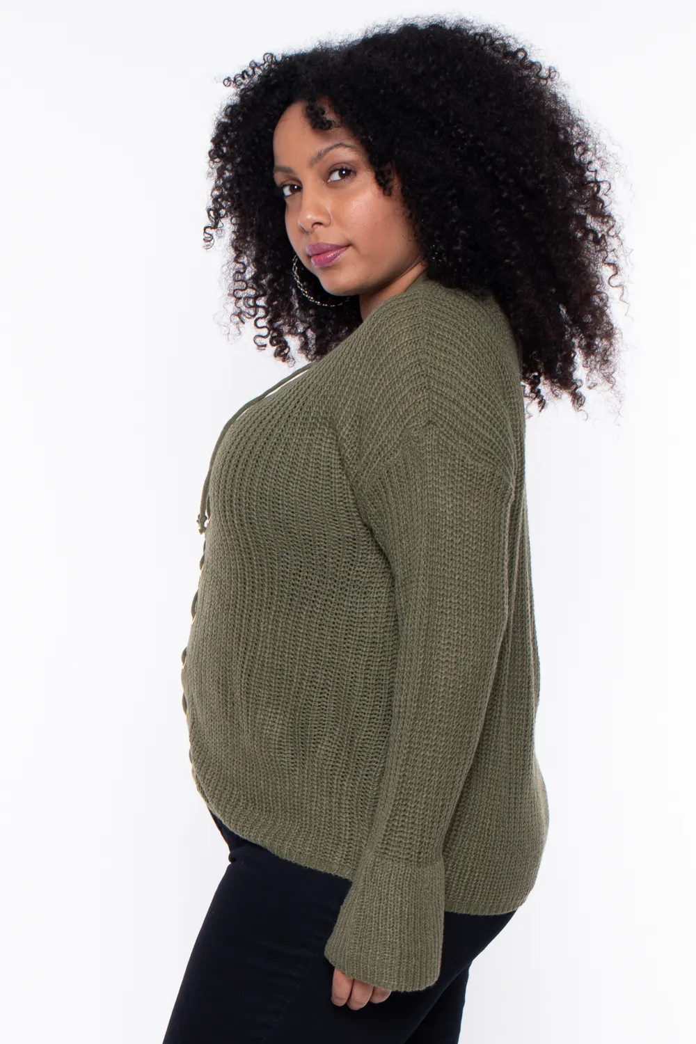 Plus Size Mia Ribbed Lace-Up Sweater- Olive