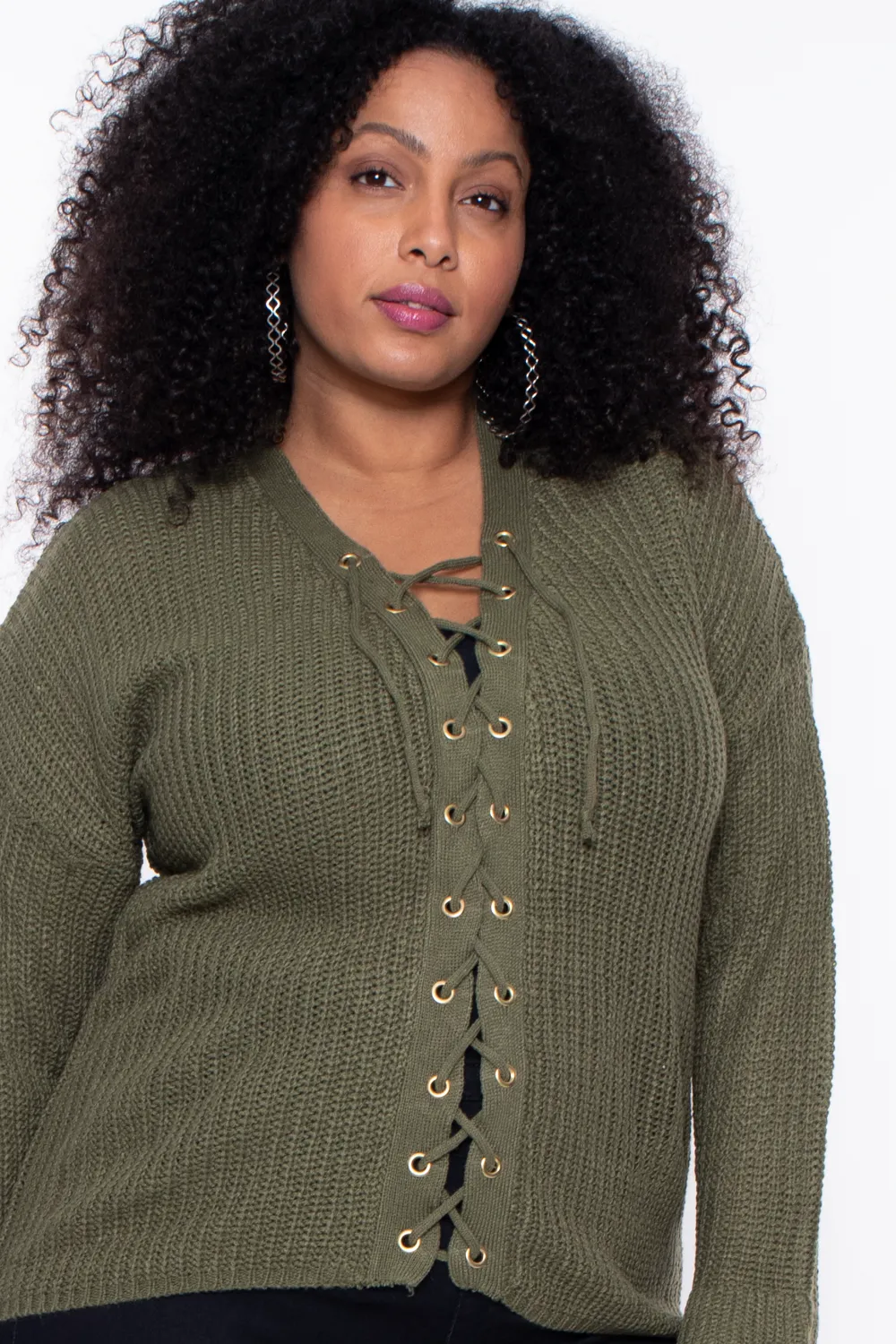 Plus Size Mia Ribbed Lace-Up Sweater- Olive
