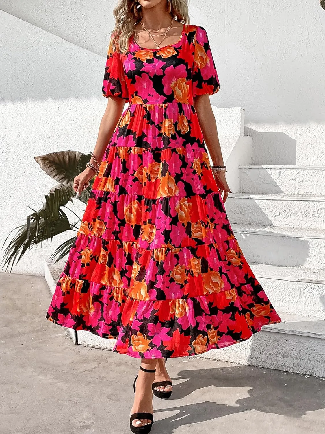 PRETTYGARDEN Womens Dresses 2025 Puff Sleeve Floral Casual Summer Dress Smocked Back Beach Flowy Tiered Maxi Sundress