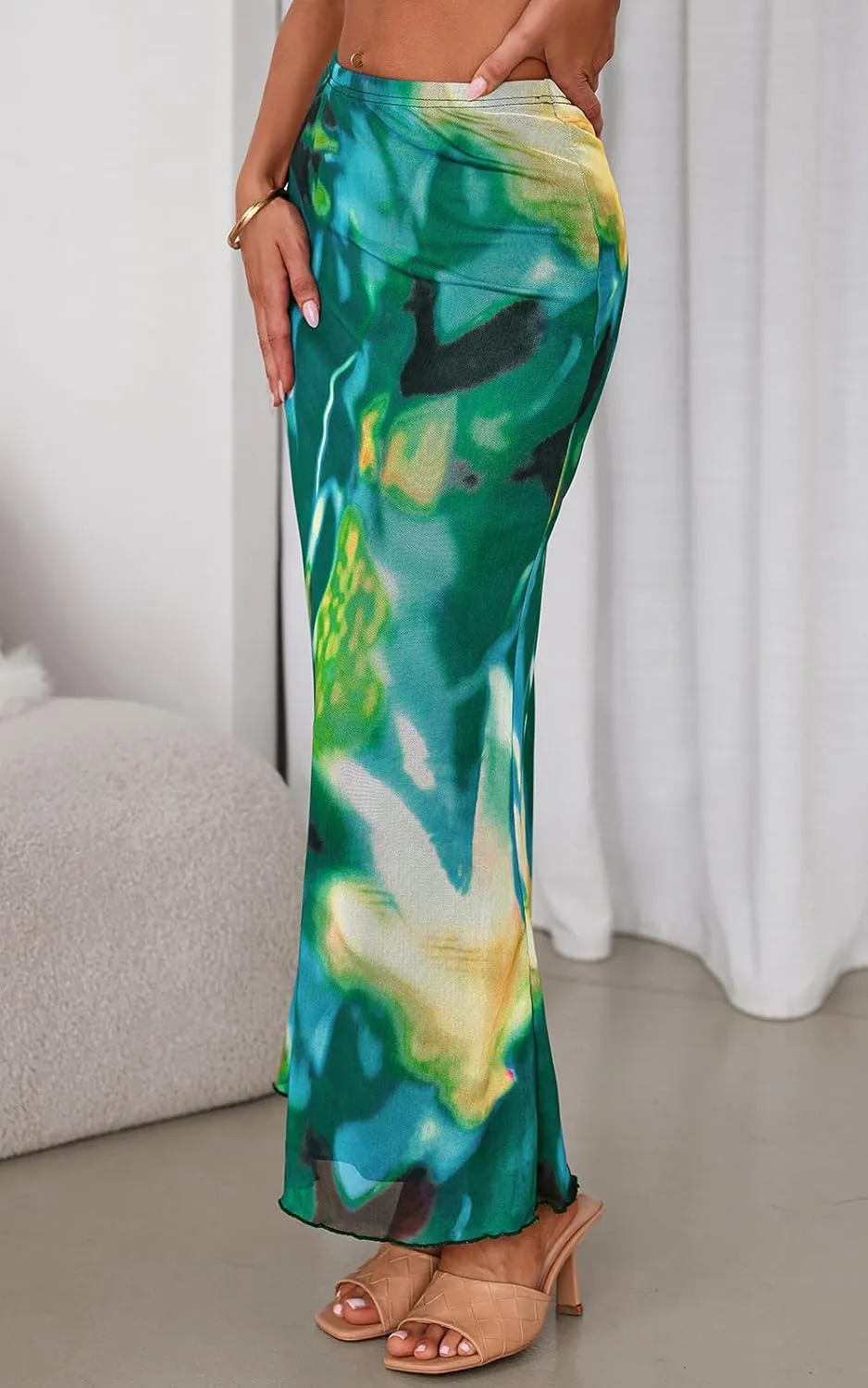 PRETTYGARDEN Women's Floral Print Mesh Long Skirt High Waisted Bodycon Fishtail Flowy Summer Maxi Skirts for Women Trendy