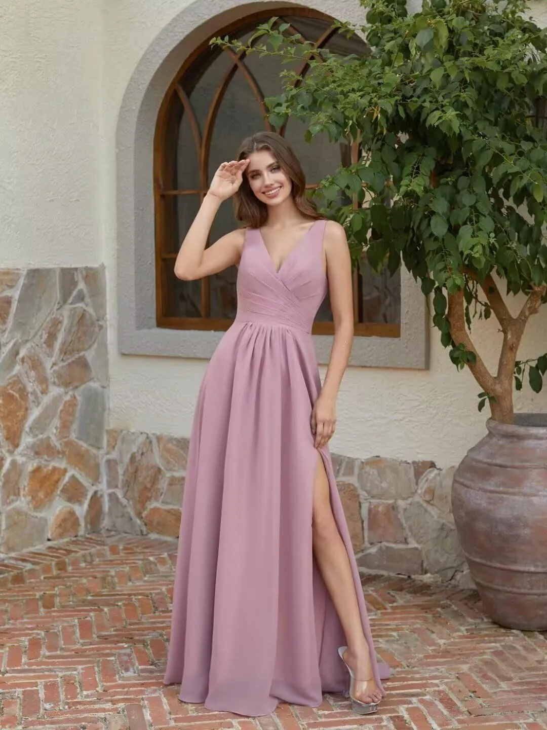 Rjer Women's Chiffon V Neck Bridesmaid Dresses for Women Long Ruched A Line Pleated Formal Evening Dress with Slit