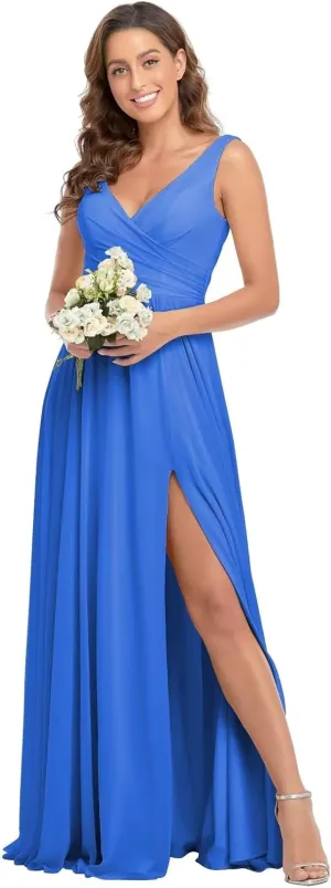 Rjer Women's Chiffon V Neck Bridesmaid Dresses for Women Long Ruched A Line Pleated Formal Evening Dress with Slit