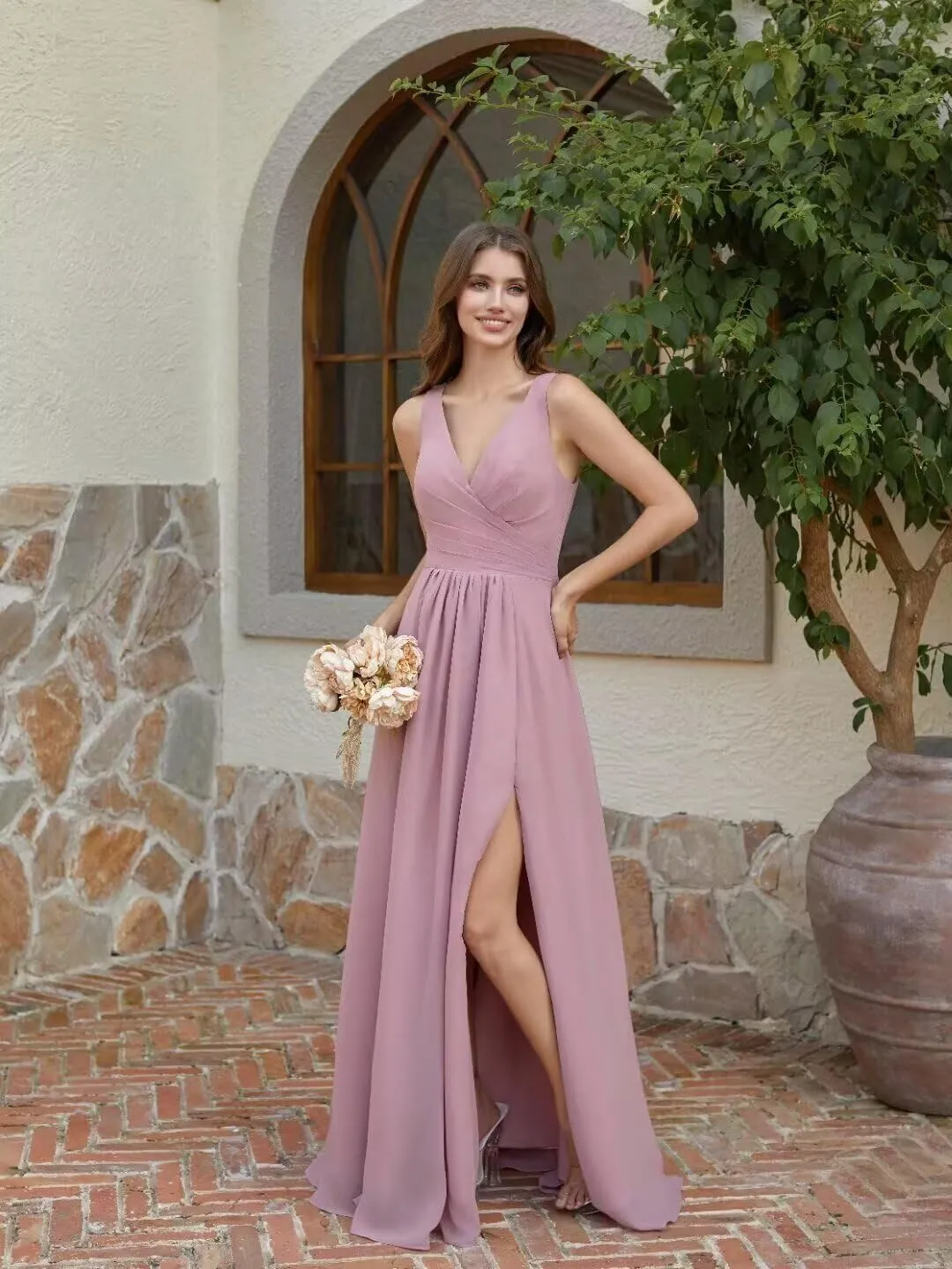 Rjer Women's Chiffon V Neck Bridesmaid Dresses for Women Long Ruched A Line Pleated Formal Evening Dress with Slit
