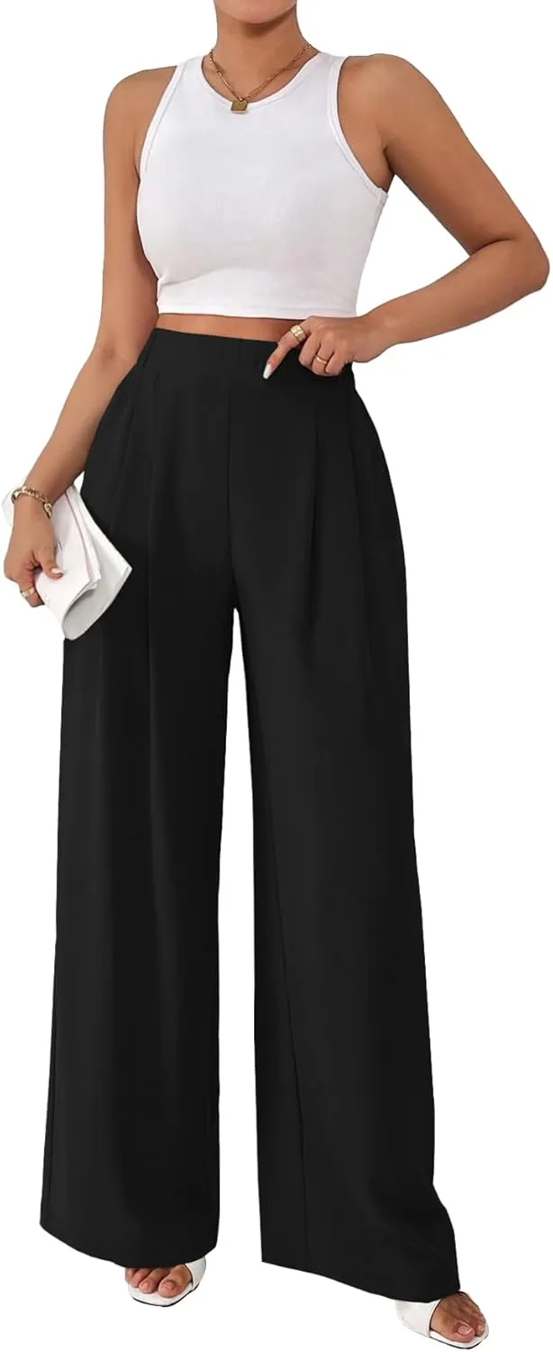 Rooscier Women's Wide Leg Pants Loose Fit High Elastic Waisted Pleated Front Casual Long Trousers with Pockets