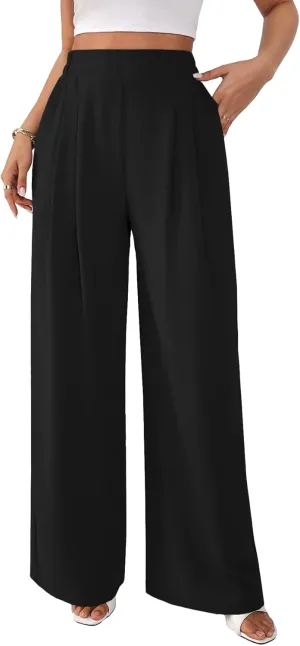 Rooscier Women's Wide Leg Pants Loose Fit High Elastic Waisted Pleated Front Casual Long Trousers with Pockets