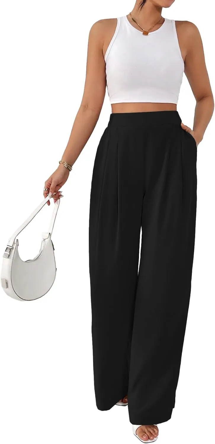 Rooscier Women's Wide Leg Pants Loose Fit High Elastic Waisted Pleated Front Casual Long Trousers with Pockets