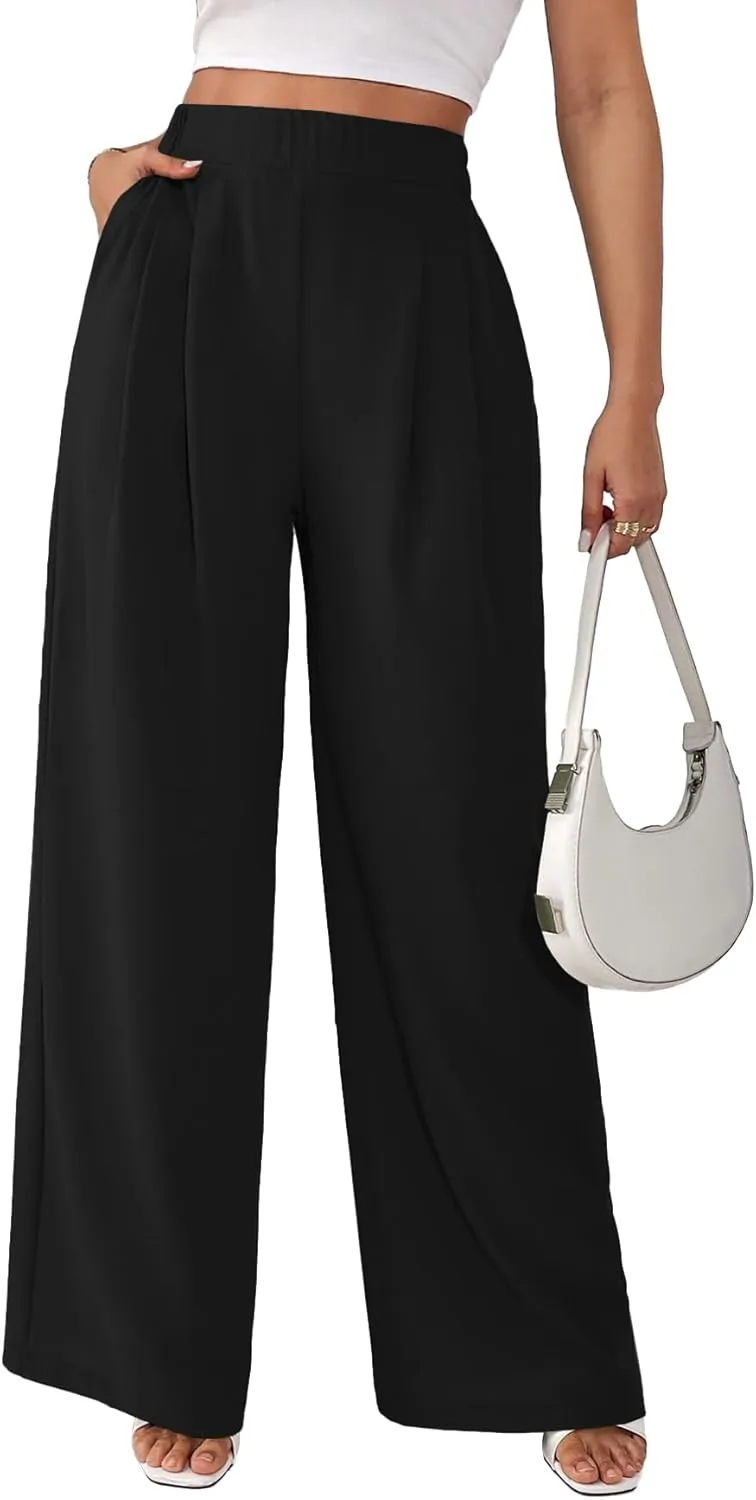 Rooscier Women's Wide Leg Pants Loose Fit High Elastic Waisted Pleated Front Casual Long Trousers with Pockets