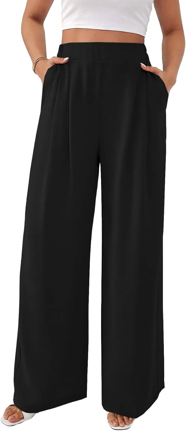 Rooscier Women's Wide Leg Pants Loose Fit High Elastic Waisted Pleated Front Casual Long Trousers with Pockets