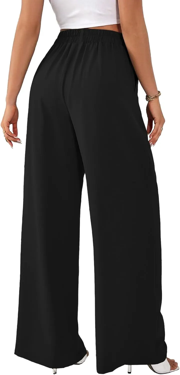 Rooscier Women's Wide Leg Pants Loose Fit High Elastic Waisted Pleated Front Casual Long Trousers with Pockets