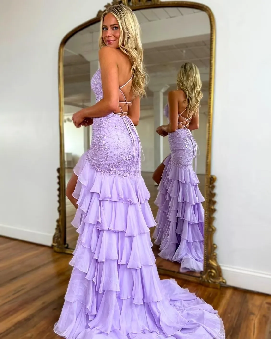 Ruffles Prom Dresses for Women 2025 Sprakly Lace Tiered Chiffon Long Prom Evening Dress with Slit