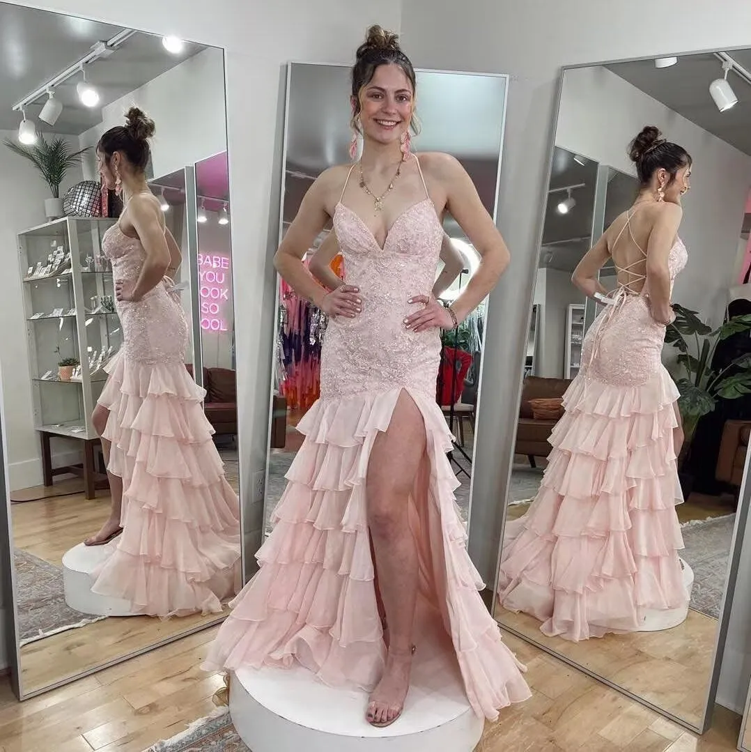 Ruffles Prom Dresses for Women 2025 Sprakly Lace Tiered Chiffon Long Prom Evening Dress with Slit