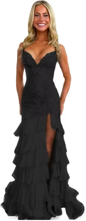 Ruffles Prom Dresses for Women 2025 Sprakly Lace Tiered Chiffon Long Prom Evening Dress with Slit