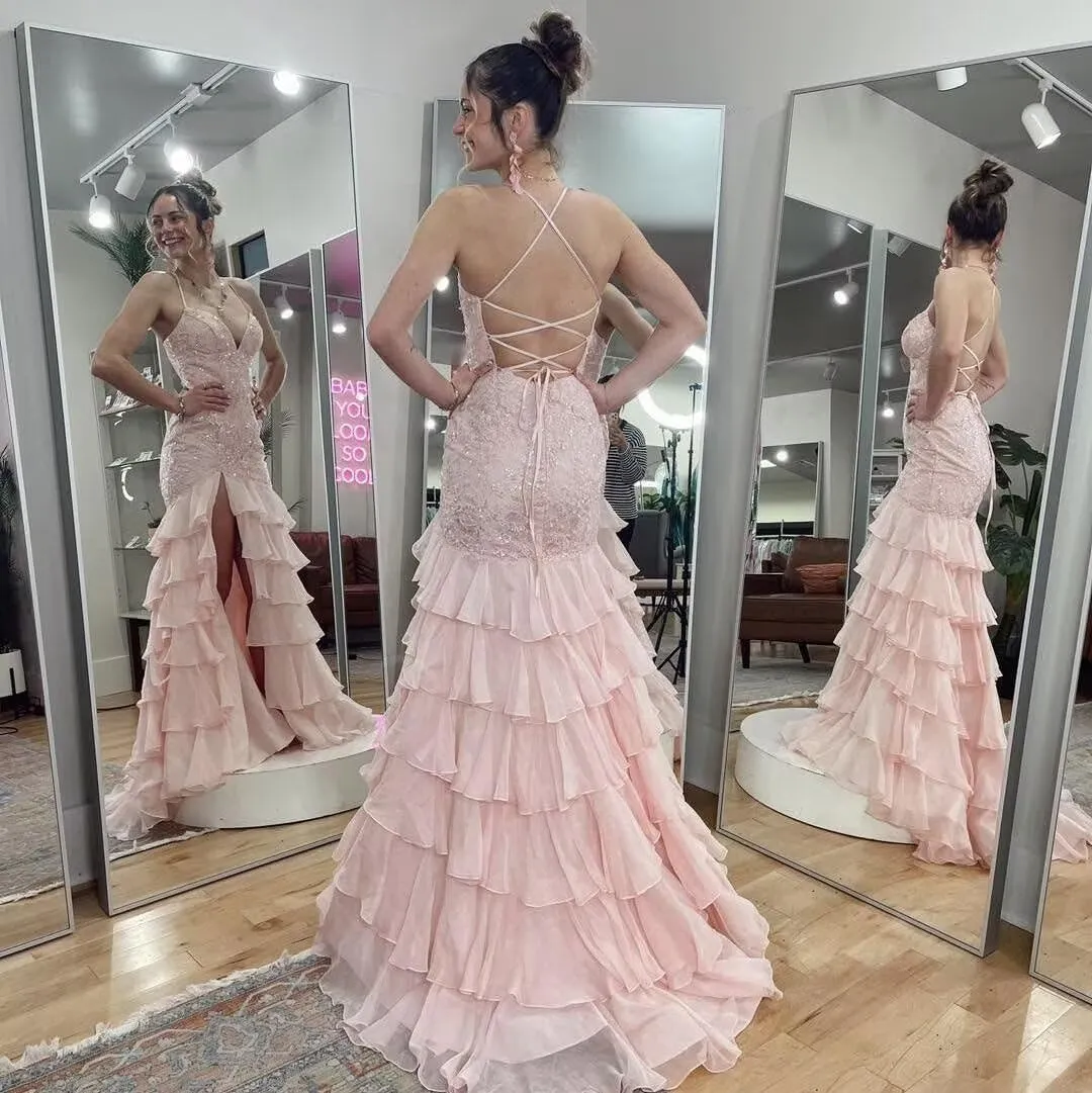Ruffles Prom Dresses for Women 2025 Sprakly Lace Tiered Chiffon Long Prom Evening Dress with Slit