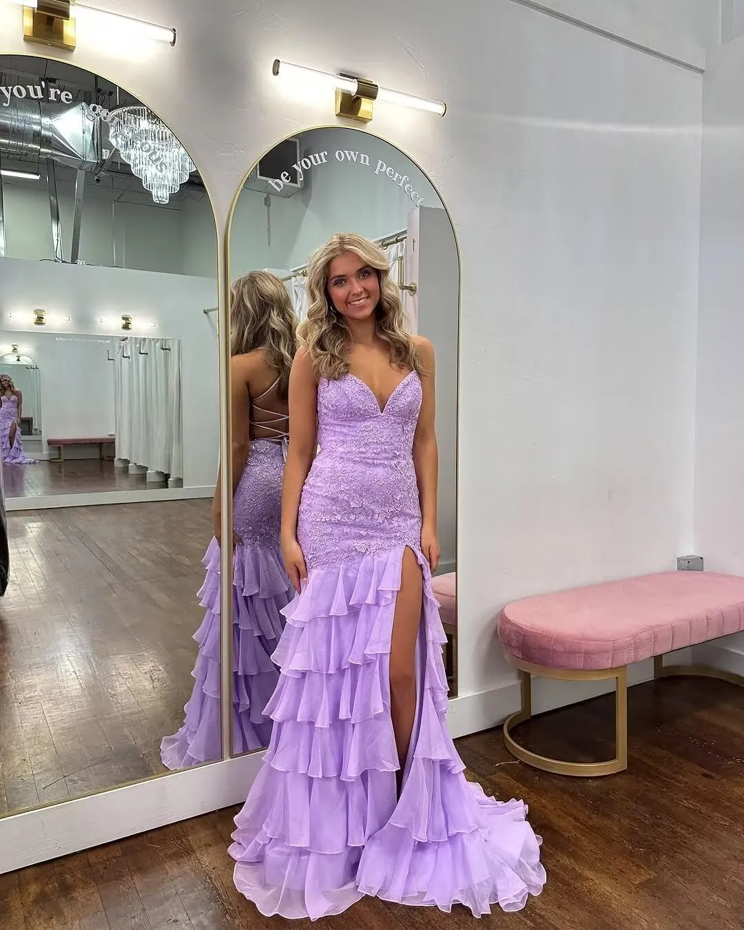 Ruffles Prom Dresses for Women 2025 Sprakly Lace Tiered Chiffon Long Prom Evening Dress with Slit