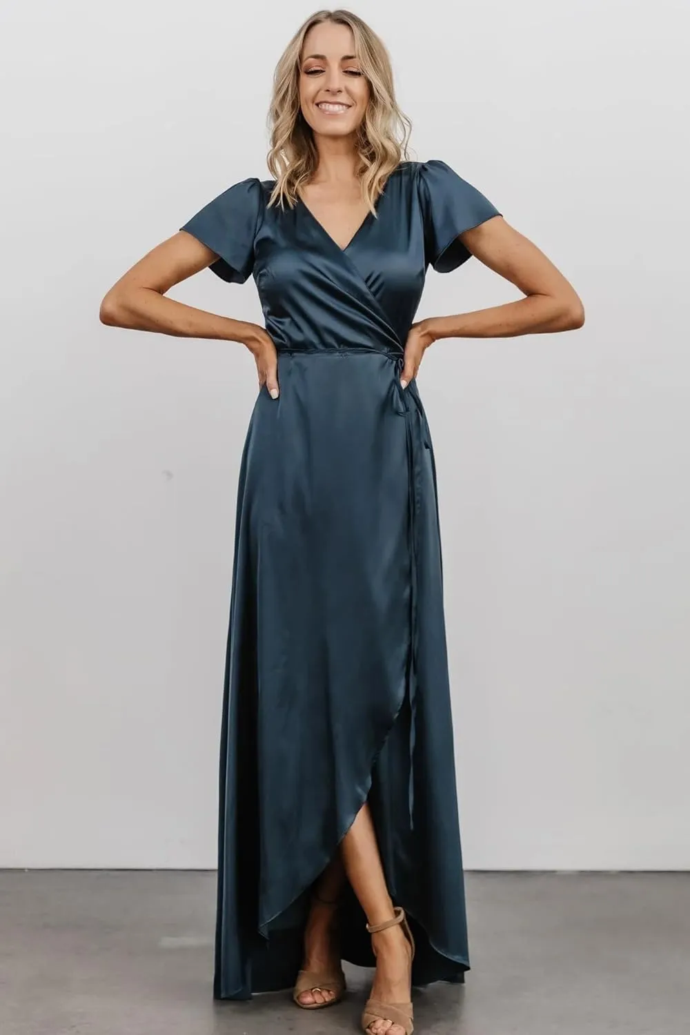 Satin Bridesmaid Dresses for Women 2025 Short Sleeve Formal Evening Party Gown with Slit