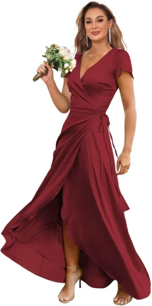 Satin Bridesmaid Dresses for Women 2025 Short Sleeve Formal Evening Party Gown with Slit