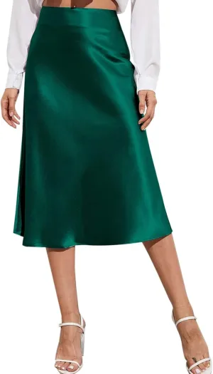 Satin Skirts for Women High Waisted Elegant Midi Length Dress Skirt with Front Tie Detail and Flowy Silhouette