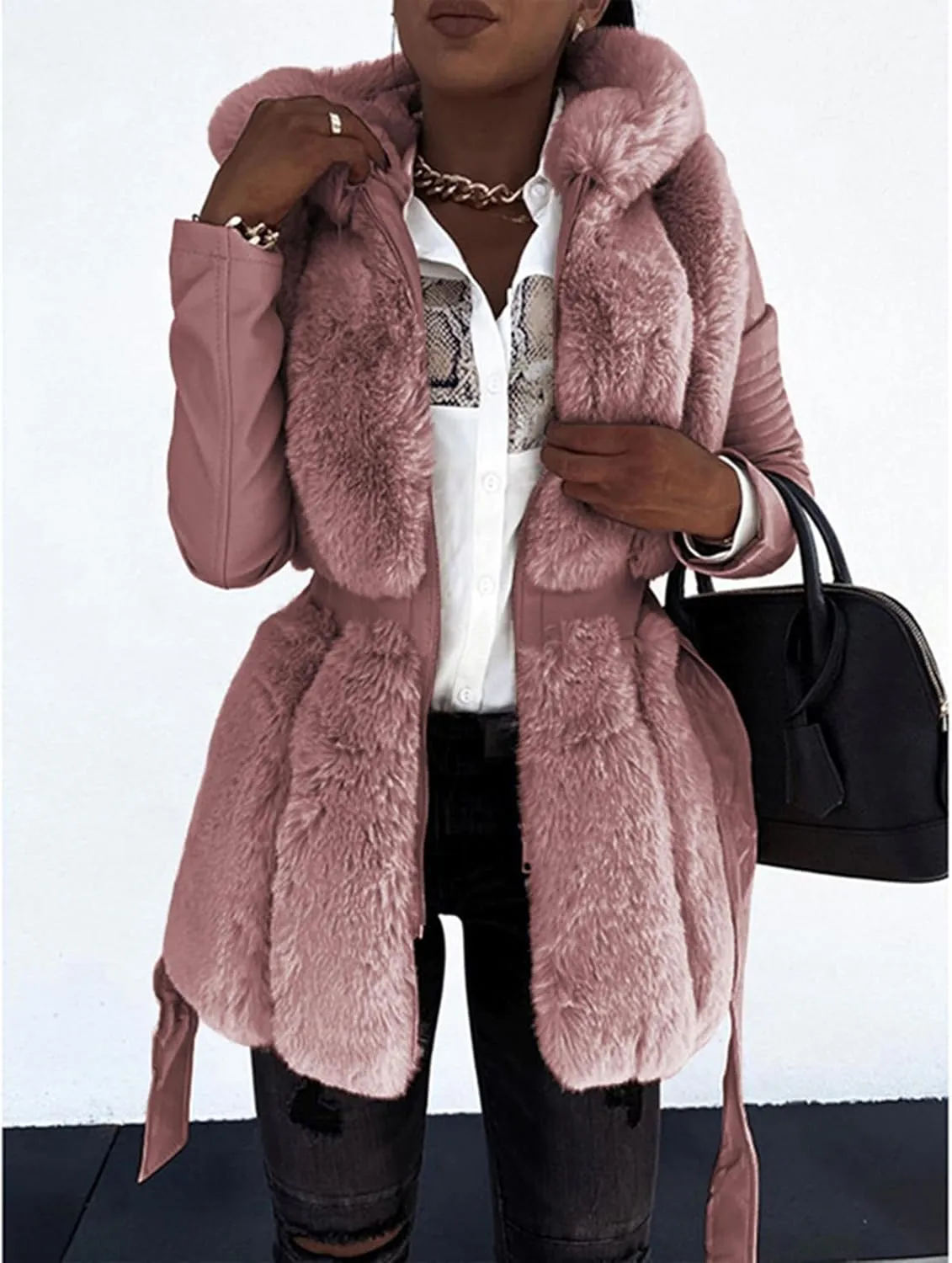 Sexyshine Women's Faux Fur Jacket Faux Leather Shearling fleece Fur Lined Coat Zipper Up Hooded Parka Overcoat with Belt