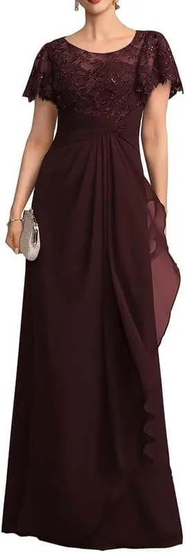 Short Sleeve Mother of The Bride Dresses Long Laces Sequin Chiffon Wedding Wedding Formal Gowns for Women MJ72