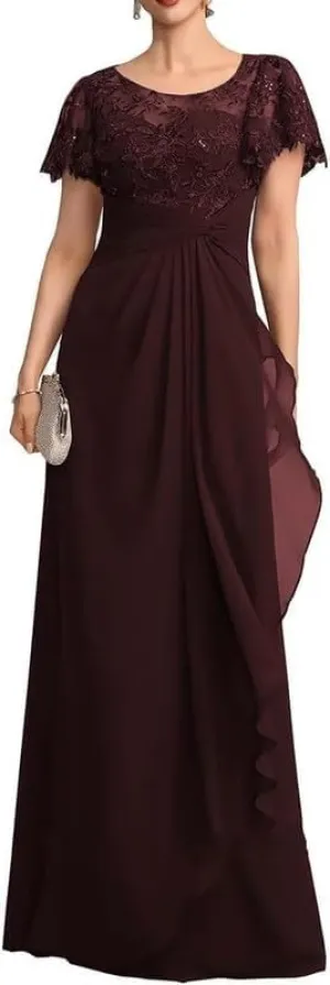 Short Sleeve Mother of The Bride Dresses Long Laces Sequin Chiffon Wedding Wedding Formal Gowns for Women MJ72