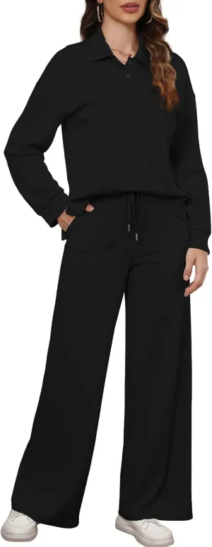 Simple Flavor Women's 2 Piece Outfits Sweatsuit Oversized Button Sweatshirt Wide Leg Sweatpants Matching Lounge Set Tracksuit