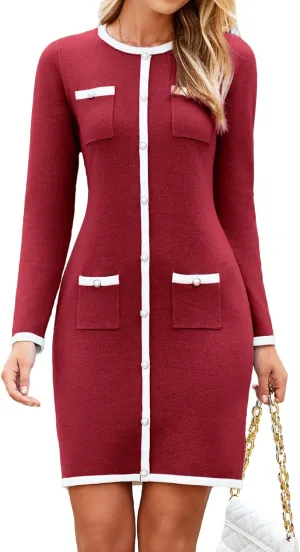 Simplee Womens Bodycon Sweater Dress Long Sleeve Mini Dress Fall Casual Knitted Short Party Dresses