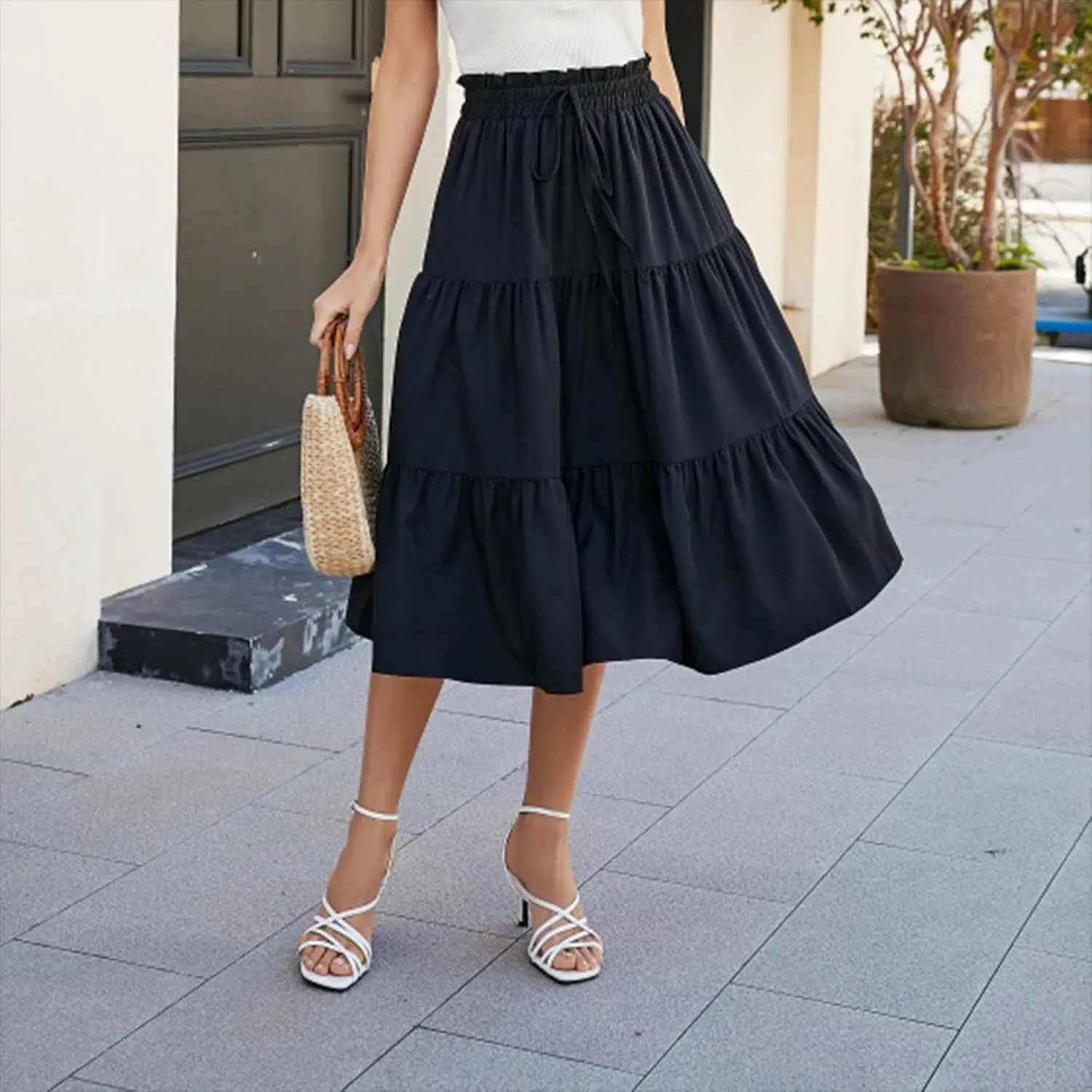 Skirts for Women Midi Length Floral Tiered Skirt Drawstring Summer Flowy Flowy Vacation A Line Skirt with Pockets