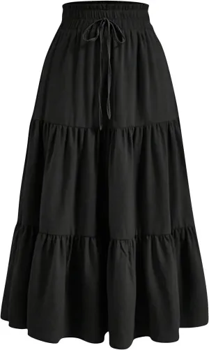 Skirts for Women Midi Length Floral Tiered Skirt Drawstring Summer Flowy Flowy Vacation A Line Skirt with Pockets