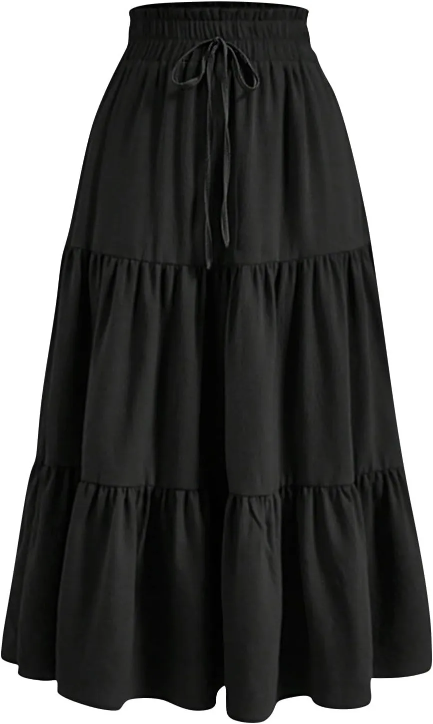 Skirts for Women Midi Length Floral Tiered Skirt Drawstring Summer Flowy Flowy Vacation A Line Skirt with Pockets