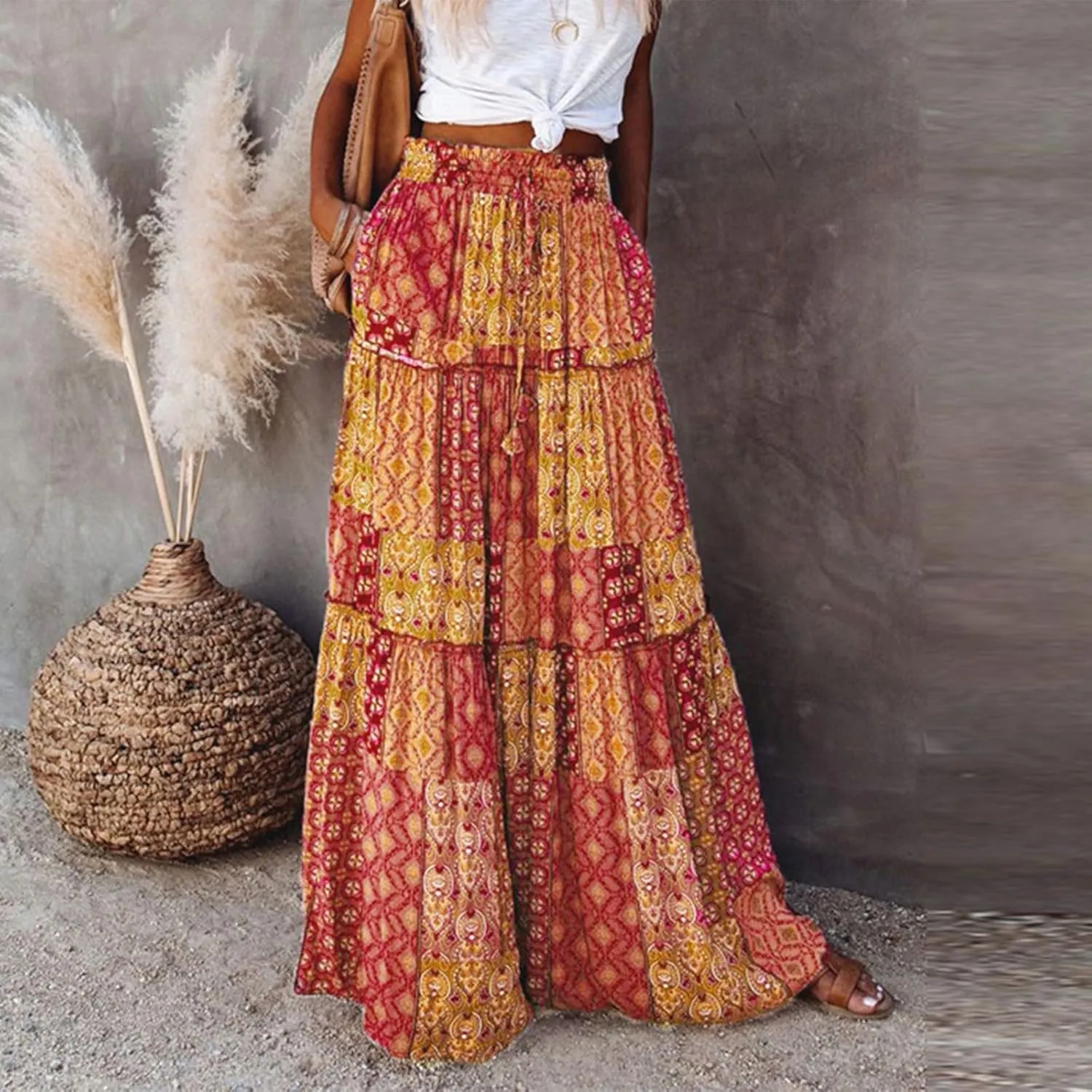 Skirts for Women,Flowy Long Skirts 2025 Pleated Womens Boho Maxi Skirt with Pockets Elastic High Waisted Summer