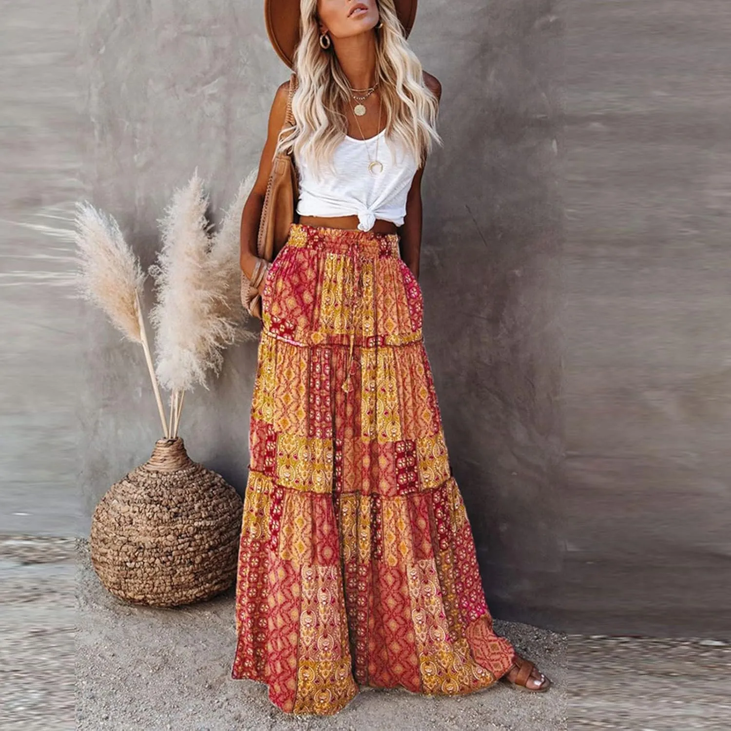 Skirts for Women,Flowy Long Skirts 2025 Pleated Womens Boho Maxi Skirt with Pockets Elastic High Waisted Summer